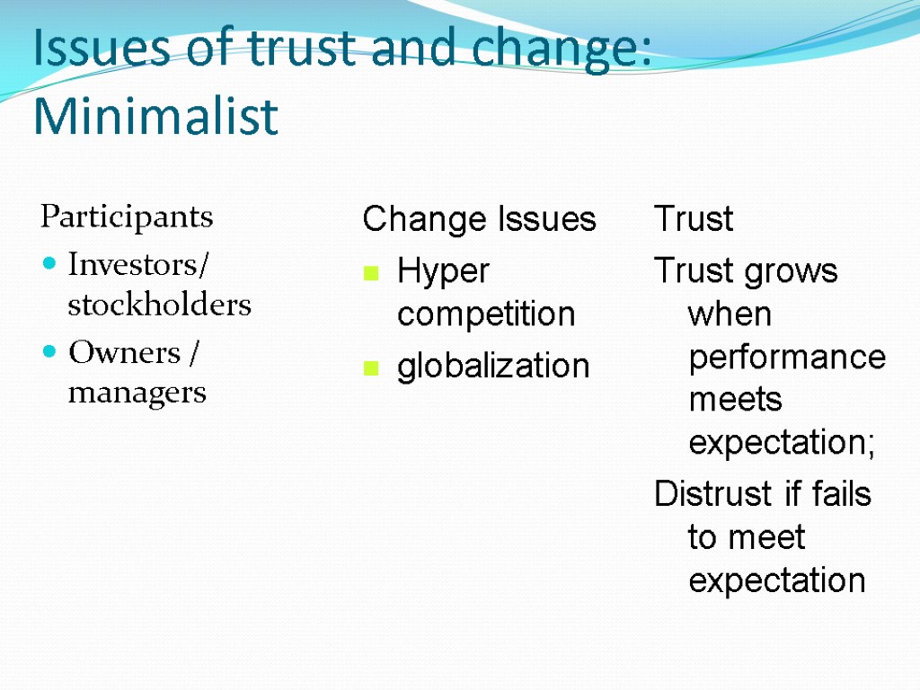 Issues of trust and change: Minimalist Participants Investors/ stockholders Owners / managers Change Issues
